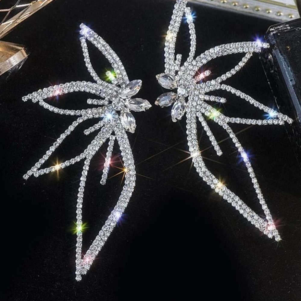 Rhinestone Leaf Design Studded Silver Earrings - Picture 8 of 12